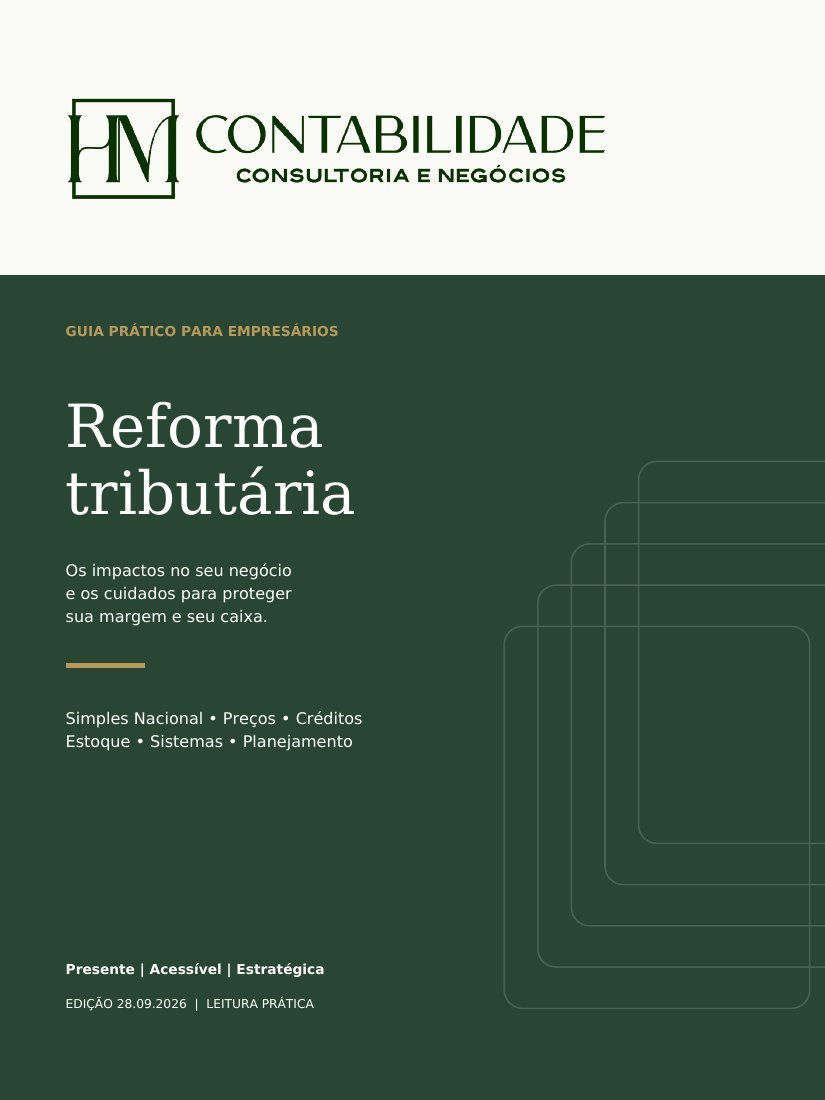 Capa do e-book Reforma tributária — guia prático para empresários, da HM Contabilidade